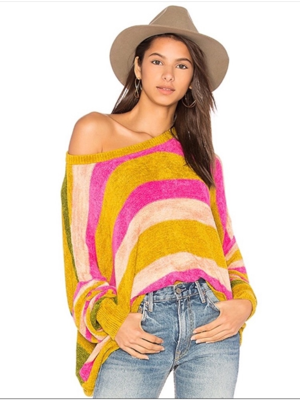 Free People All About You Pullover Sweater Oversized Striped Green Pink Small